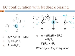 EC configuration with feedback biasing
76
1) Zi = re/(1/+Rc/Rf)
2) Zo = Rc//Rf
3) Av = -Rc/re
4) Ai = Rf/(Rf+ Rc)
 Rf/Rc
if Rc >> Rf
When ro١  ro in equation
 