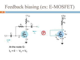 Feedback biasing (ex: E-MOSFET)
At the node G:
IG = 0  VG = VD
45

 