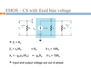  Zi = RG
Zo = rd//RD ≈ RD if rd > 10RD
AV = - gm(rD//RD) ≈ - gmRD if rd > 10RD
 Input and output voltage are out of phase
EMOS – CS with fixed bias voltage
62
 