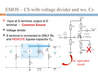 EMOS – CS with voltage divider and wo. Cs
70
 Input at G terminal, output at D
terminal  Common Source
 Voltage divider
 S terminal is connected to ONLY Rs
and REMOVE bypass-capacitor CS
G
D
S
R1
Cout
Vout
C1
Vin 1uF
VDD
R2
RD
N-EMOS
RS
XCs
AC equivalent
circuit
 