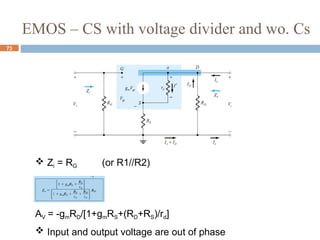 EMOS – CS with voltage divider and wo. Cs
 Zi = RG
Zo =
(or R1//R2)
AV = -gmRD/[1+gmRS+(RD+RS)/rd]
 Input and output voltage are out of phase
73
 