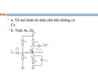  a. Vẽ mô hình tín hiệu nhỏ khi không có
Cs
 b. Tính Av, Zo
85
G
D
S
R1
Cs
RS
Cout
Vout
C1
Vin 1uF
VDD
R2
RD
N-EMOS
 