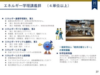 37
 エネルギー基礎学理第1，第2
 基礎は応用が利くが，応用は応用が利きません。
 （第1）熱力学と量子力学の復習
 （第2）物質移動，格子振動とエネルギー，材料の光学的性質
 エネルギーデバイス論第1，第2
 （第1）熱に着目したデバイス
 熱機関，原子力応用，ヒートポンプ，電機デバイス
 （第2）光，電気化学に着目したデバイス
 燃料電池，太陽電池，蓄電デバイス，発光デバイス
 エネルギーマテリアル論第1，第2
 （第1）材料（耐熱，ソフト）
 （第2）伝導（電子，イオン）
 エネルギーシステム論
 社会におけるエネルギーシステムの技術全般
 エネルギーシステム経済論
 発電原価の計算方法
 ライフサイクルアセスメント，産業連関表を知ってます？
 社会におけるエネルギーを計量する方法
 風力発電を中心とした合意形成の仕組み，説明とは
エネルギー学理講義群 （４単位以上）
一般財団法人「経済広報センター」
の寄附講義
 科学技術特論
日本を代表し，また世界でも活躍している産業界
のトップ，研究開発部門のエキスパートの方々を
講師として，「エネルギー・環境技術の最先端と
将来展望」について講述
 