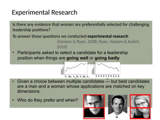 Is there any evidence that women are preferentially selected for challenging
leadership positions?
To answer these questions we conducted experimental research
(Haslam & Ryan, 2008; Ryan, Haslam & Kulich,
2010)
Experimental Research
• Given a choice between multiple candidates — but best candidates
are a man and a woman whose applications are matched on key
dimensions.
• Who do they prefer and when?
• Participants asked to select a candidate for a leadership
position when things are going well or going badly
6
5
4
3
2
1
0
8
7
9
199
3
199
4
199
5
199
6
199
7
199
8
199
9
200
0
200
1
200
2
Year
Company
Performance
6
5
4
3
2
1
0
8
7
9
1993
1994
1995
1996
1997
1998
1999
2000
2001
2002
Year
Company
Performance
 