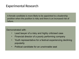 A female candidate is more likely to be appointed to a leadership
position when the position is risky and there is an increased risk of
failure.
Experimental Research
Demonstrated with:
• Lead lawyer of a risky and highly criticised case
• Financial director of a poorly performing company
• Youth representative for a festival experiencing declining
popularity
• Political candidate for an unwinnable seat
 