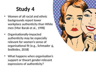 Study 4
&
• Women of all racial and ethnic
backgrounds report lower
workplace authenticity than White
men (Mor Barak et al., 1998)
• Organisationally-impacted
authenticity may be especially
relevant for women’s sense of
organisational fit (e.g., Schmader
Sedikides, 2018)
• What happens when organisation’s
support or thwart gender-relevant
expressions of authenticity?
 
