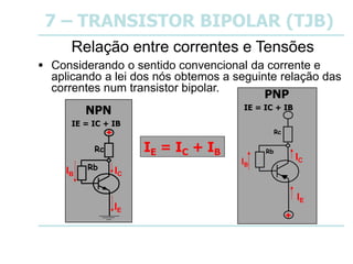 7 – TRANSISTOR BIPOLAR (TJB)
Relação entre correntes e Tensões
 Considerando o sentido convencional da corrente e
aplicando a lei dos nós obtemos a seguinte relação das
correntes num transistor bipolar.
Rc
Rb
+
IC
IE
IB
NPN
IE = IC + IB
IE
+
Rc
Rb
IC
IB
PNP
IE = IC + IB
IE = IC + IB
 