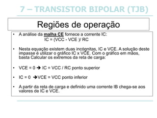 Regiões de operação
• A análise da malha CE fornece a corrente IC:
IC = (VCC - VCE )/ RC
• Nesta equação existem duas incógnitas, IC e VCE. A solução deste
impasse é utilizar o gráfico IC x VCE. Com o gráfico em mãos,
basta Calcular os extremos da reta de carga:
• VCE = 0  IC = VCC / RC ponto superior
• IC = 0 VCE = VCC ponto inferior
• A partir da reta de carga e definido uma corrente IB chega-se aos
valores de IC e VCE.
7 – TRANSISTOR BIPOLAR (TJB)
 