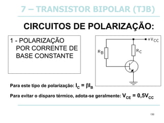 130
CIRCUITOS DE POLARIZAÇÃO:
1 - POLARIZAÇÃO
POR CORRENTE DE
BASE CONSTANTE
Para este tipo de polarização: IC = IB
Para evitar o disparo térmico, adota-se geralmente: VCE = 0,5VCC
7 – TRANSISTOR BIPOLAR (TJB)
 