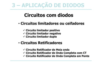 3 – APLICAÇÃO DE DIODOS
Circuitos com diodos
• Circuitos limitadores ou ceifadores
 Circuito limitador positivo
 Circuito limitador negativo
 Circuito limitador duplo
• Circuitos Retificadores
 Circuito Retificador de Meia onda
 Circuito Retificador de Onda Completa com CT
 Circuito Retificador de Onda Completa em Ponte
 