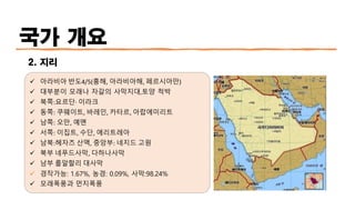 국가 개요
2. 지리
✓ 아라비아 반도4/5(홍해, 아라비아해, 페르시아만)
✓ 대부분이 모래나 자갈의 사막지대,토양 척박
✓ 북쪽:요르단·이라크
✓ 동쪽: 쿠웨이트, 바레인, 카타르, 아랍에미리트
✓ 남쪽: 오만, 예멘
✓ 서쪽: 이집트, 수단, 에리트레아
✓ 남북:헤자즈 산맥, 중앙부: 네지드 고원
✓ 북부 네푸드사막, 다하나사막
✓ 남부 룹알할리 대사막
✓ 경작가능: 1.67%, 농경: 0.09%, 사막:98.24%
✓ 모래폭풍과 먼지폭풍
 