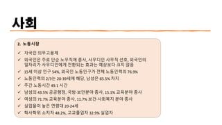사회
2. 노동시장
✓ 자국민 의무고용제
✓ 외국인은 주로 단순 노무직에 종사, 사우디인 사무직 선호, 외국인의
일자리가 사우디인에게 전환되는 효과는 예상보다 크지 않음
✓ 15세 이상 인구 54%, 외국인 노동인구가 전체 노동인력의 76.9%
✓ 노동인력의 2/3는 20-39세에 해당, 남성은 65.5% 차지
✓ 주간 노동시간 49.1 시간
✓ 남성의 43.5% 공공행정, 국방·
보안분야 종사, 15.1% 교육분야 종사
✓ 여성의 71.7% 교육분야 종사, 11.7% 보건·
사회복지 분야 종사
✓ 실업율이 높은 연령대 20-24세
✓ 학사학위 소지자 48.2%, 고교졸업자 32.9% 실업자
 