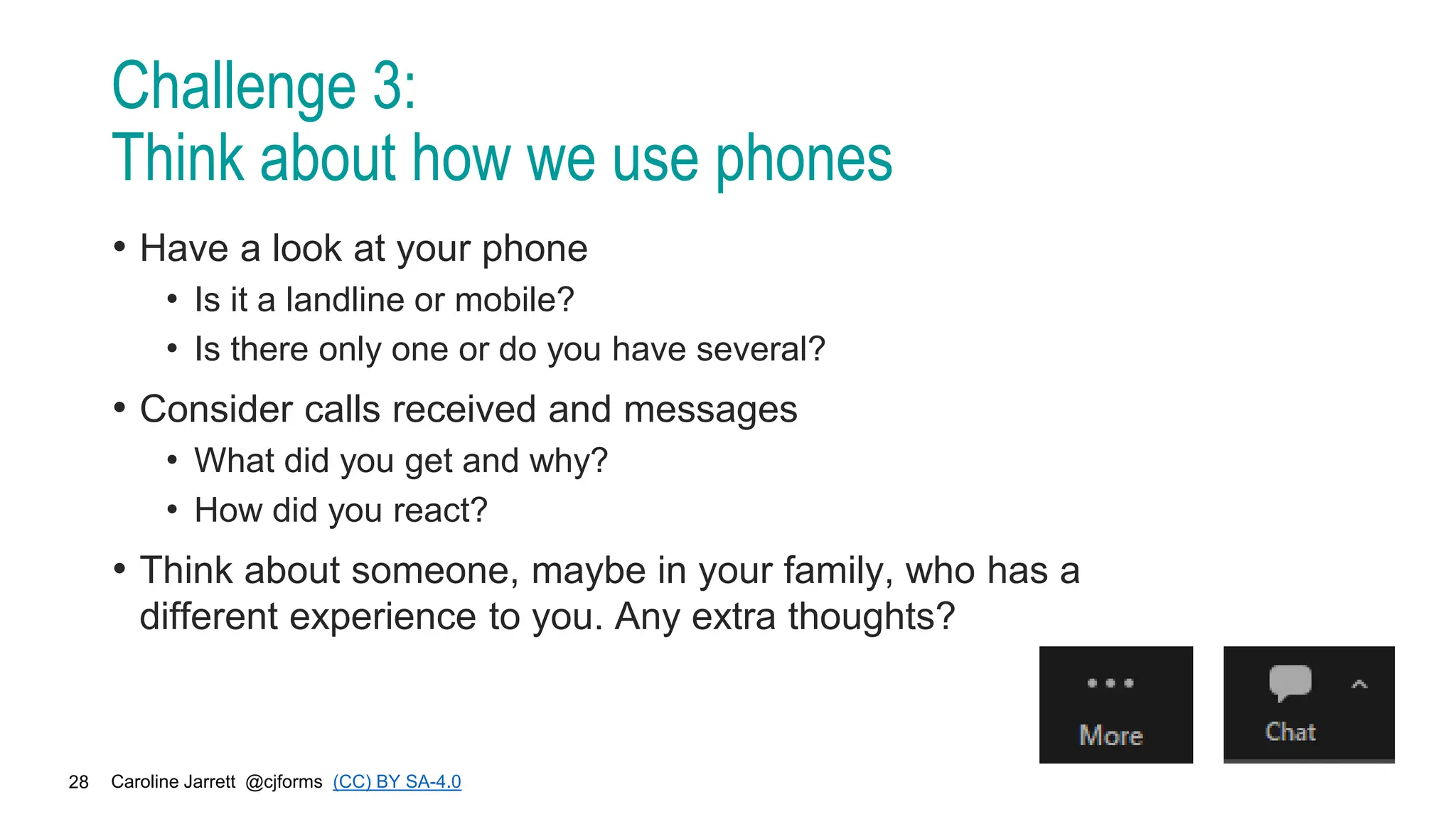 Caroline Jarrett @cjforms (CC) BY SA-4.0
28
Challenge 3:
Think about how we use phones
• Have a look at your phone
• Is it a landline or mobile?
• Is there only one or do you have several?
• Consider calls received and messages
• What did you get and why?
• How did you react?
• Think about someone, maybe in your family, who has a
different experience to you. Any extra thoughts?
 