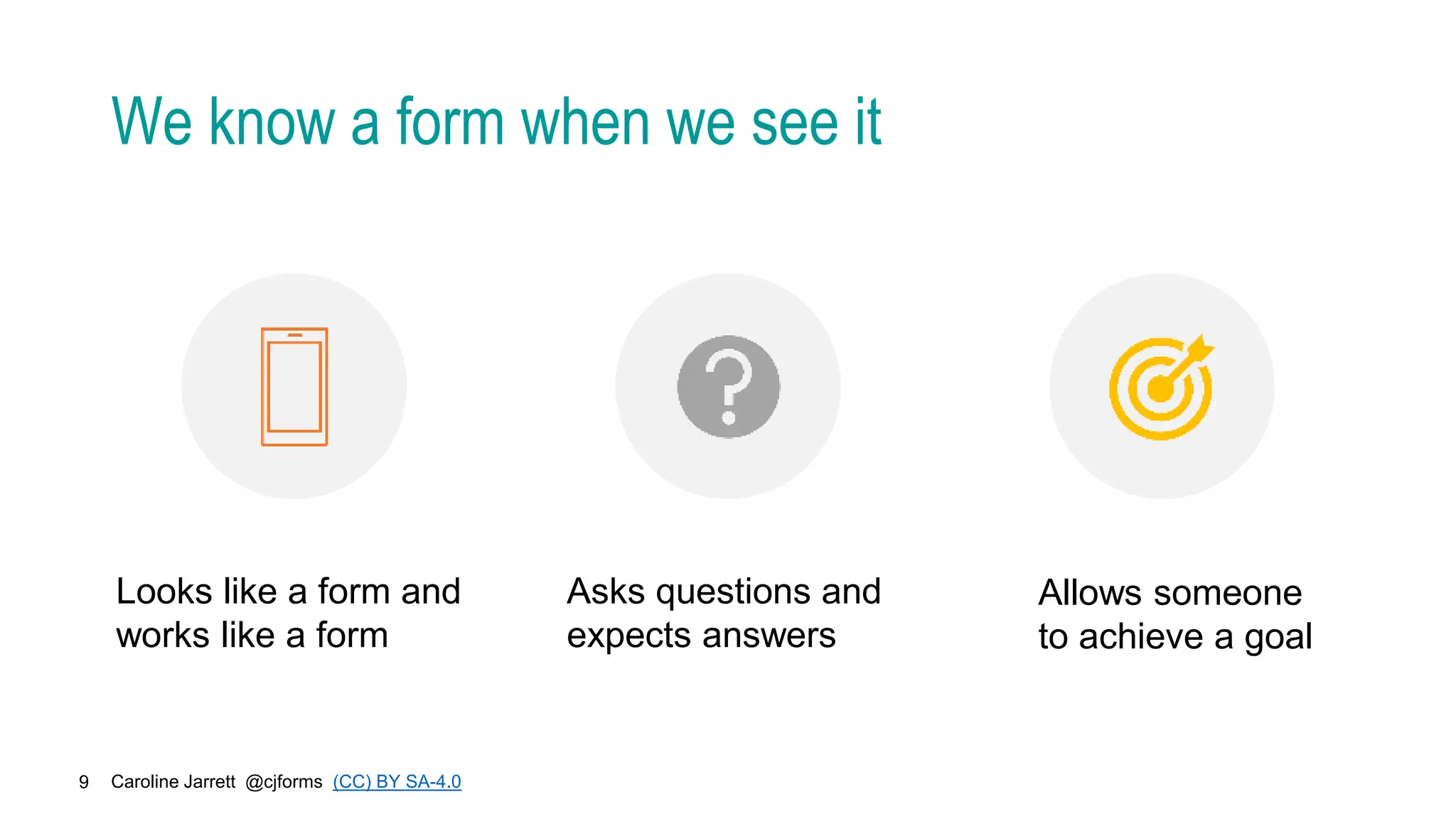 Caroline Jarrett @cjforms (CC) BY SA-4.0
9
We know a form when we see it
Looks like a form and
works like a form
Asks questions and
expects answers
Allows someone
to achieve a goal
 