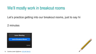 Caroline Jarrett @cjforms (CC) BY SA-4.0
14
We’ll mostly work in breakout rooms
Let’s practice getting into our breakout rooms, just to say hi
2 minutes
 