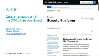 Caroline Jarrett @cjforms (CC) BY SA-4.0
32
Surprise!
Question protocols are in
the GOV.UK Service Manual
Structuring forms -
Service Manual -
GOV.UK (www.gov.uk)
 