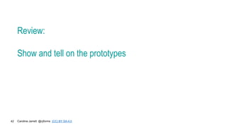 Caroline Jarrett @cjforms (CC) BY SA-4.0
42
Review:
Show and tell on the prototypes
 
