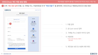 | www.ebsco.com
17
EBSCOhost 개인 계정 생성 방법 개인계정을 이용하여 폴더를 구성하면 영구적으로 레코드 저장 가능
1. 이름 입력
단계: 개인 정보 입력 (이름, 성, 이메일 주소, 비밀번호)을 한 후 “계정 만들기” 를 클릭하면, EBSCOhost 계정(MyEBSCO) 생성 완료!
2. 성 (Last name) 입력
3. 이메일 주소 (사용자 아이디) 입력
4. 비밀번호
* 반드시 특수기호 또는 대문자
포함 입력
5. 개인정보 보존 및 사용에 대한 확인
3
3
 