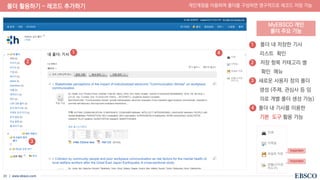 | www.ebsco.com
20
• 폴더 내 저장한 기사
리스트 확인
• 저장 항목 카테고리 별
확인 메뉴
• 새로운 사용자 정의 폴더
생성 (주제, 관심사 등 임
의로 개별 폴더 생성 가능)
• 폴더 내 기사를 이용한
기본 도구 활용 가능
MyEBSCO 개인
폴더 주요 기능
Important
Important
폴더 활용하기 – 레코드 추가하기 개인계정을 이용하여 폴더를 구성하면 영구적으로 레코드 저장 가능
1
2
3
4
4
3
2
1
 