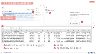 | www.ebsco.com
23
• 저장하고 싶은 기사 선별 (또는 전체) 선택 후
• CSV 다운로드 선택 • 엑셀 시트에서 CSV 형식으로 다운로드
저장 하기
두 건 이상의 레코드 CSV 파일로 다운로드
참고문헌으로 저장하고
싶은 기사 선택 확인
1
2
3
4
1
2
3
4
Important
 