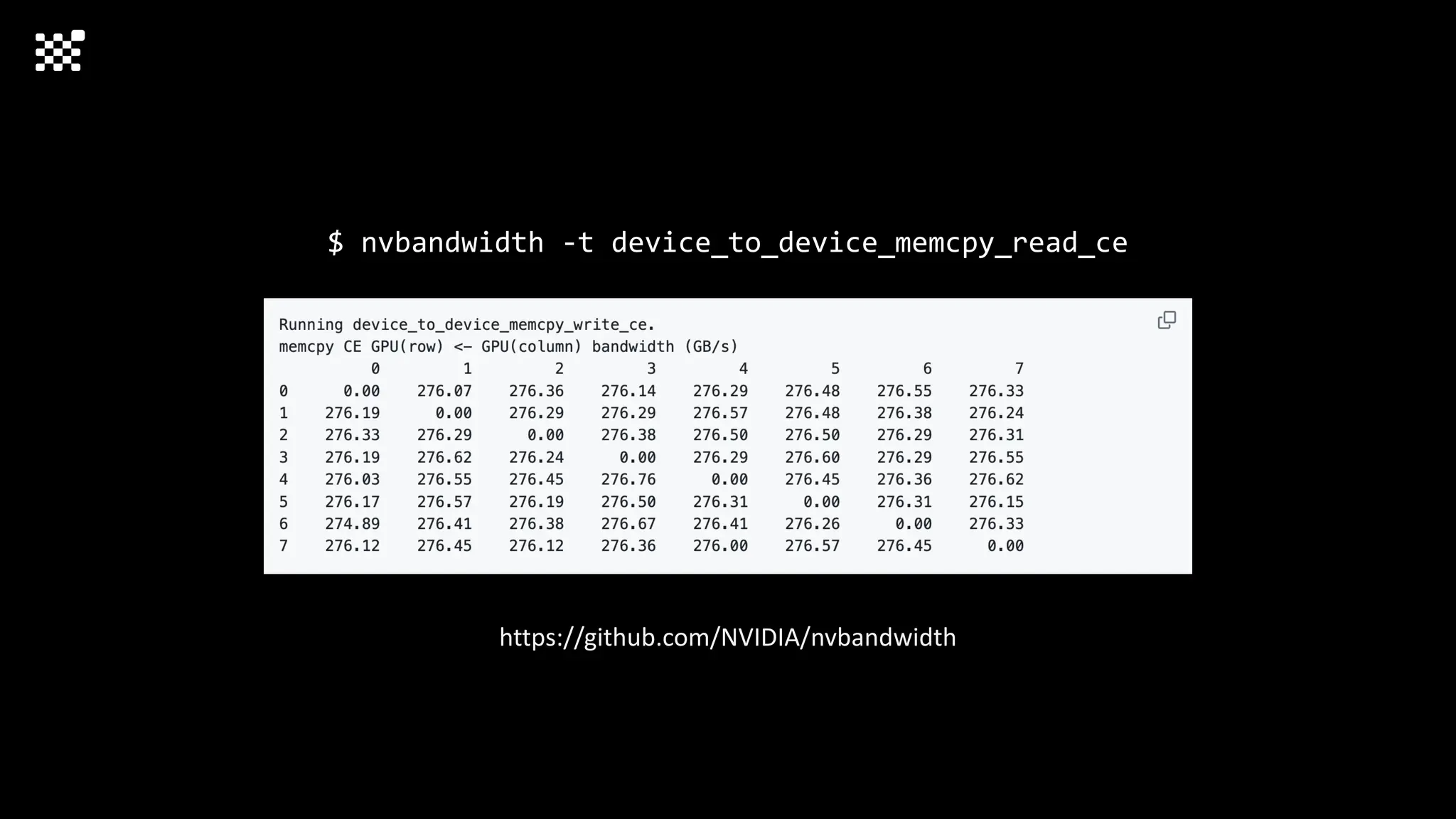 $ nvbandwidth -t device_to_device_memcpy_read_ce
https://github.com/NVIDIA/nvbandwidth
 