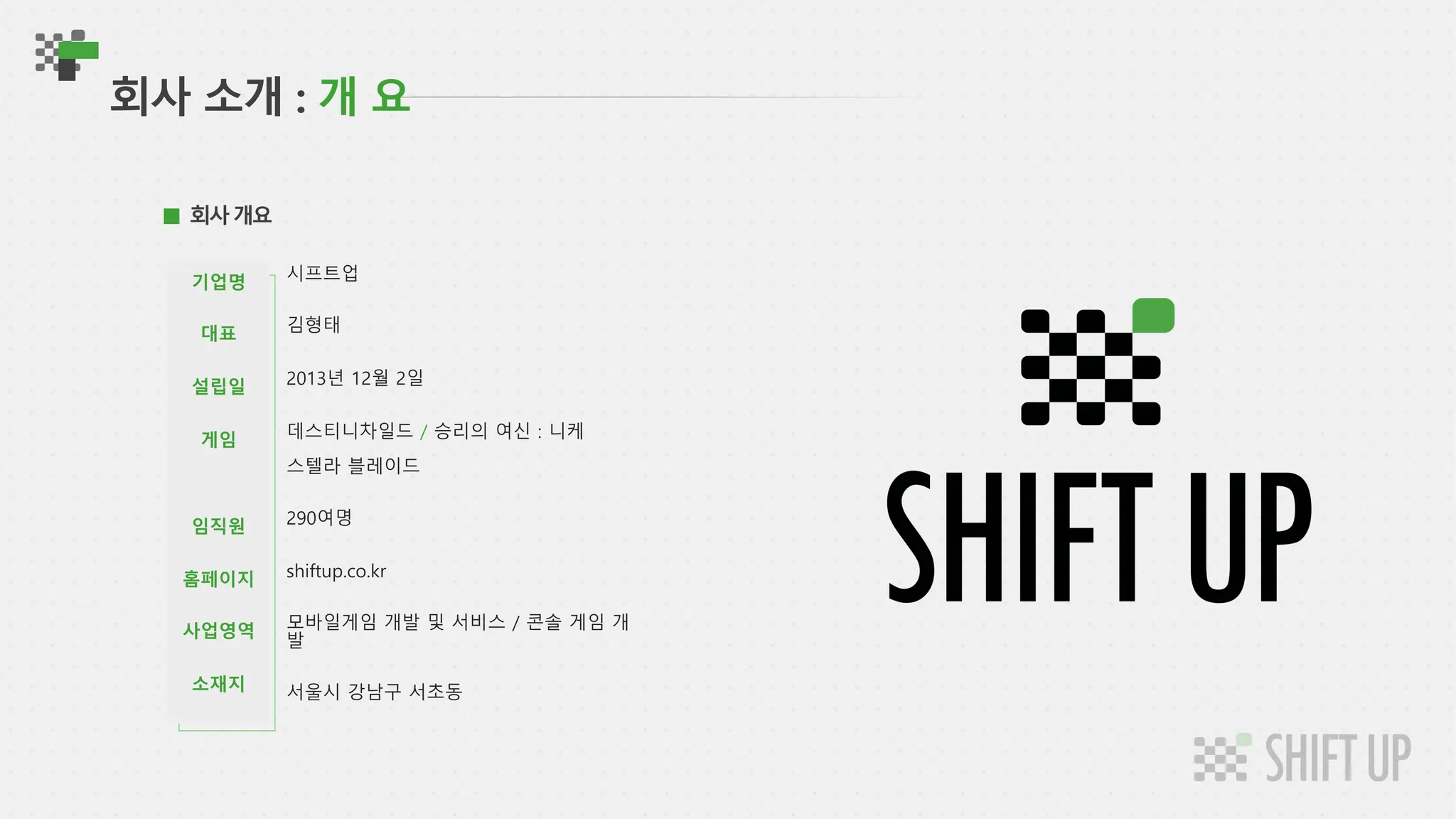 회사 소개 : 개 요
회사개요
기업명
대표
설립일
게임
임직원
홈페이지
사업영역
소재지
시프트업
김형태
2013년 12월 2일
데스티니차일드 / 승리의 여신 : 니케
스텔라 블레이드
290여명
shiftup.co.kr
모바일게임 개발 및 서비스 / 콘솔 게임 개
발
서울시 강남구 서초동
 