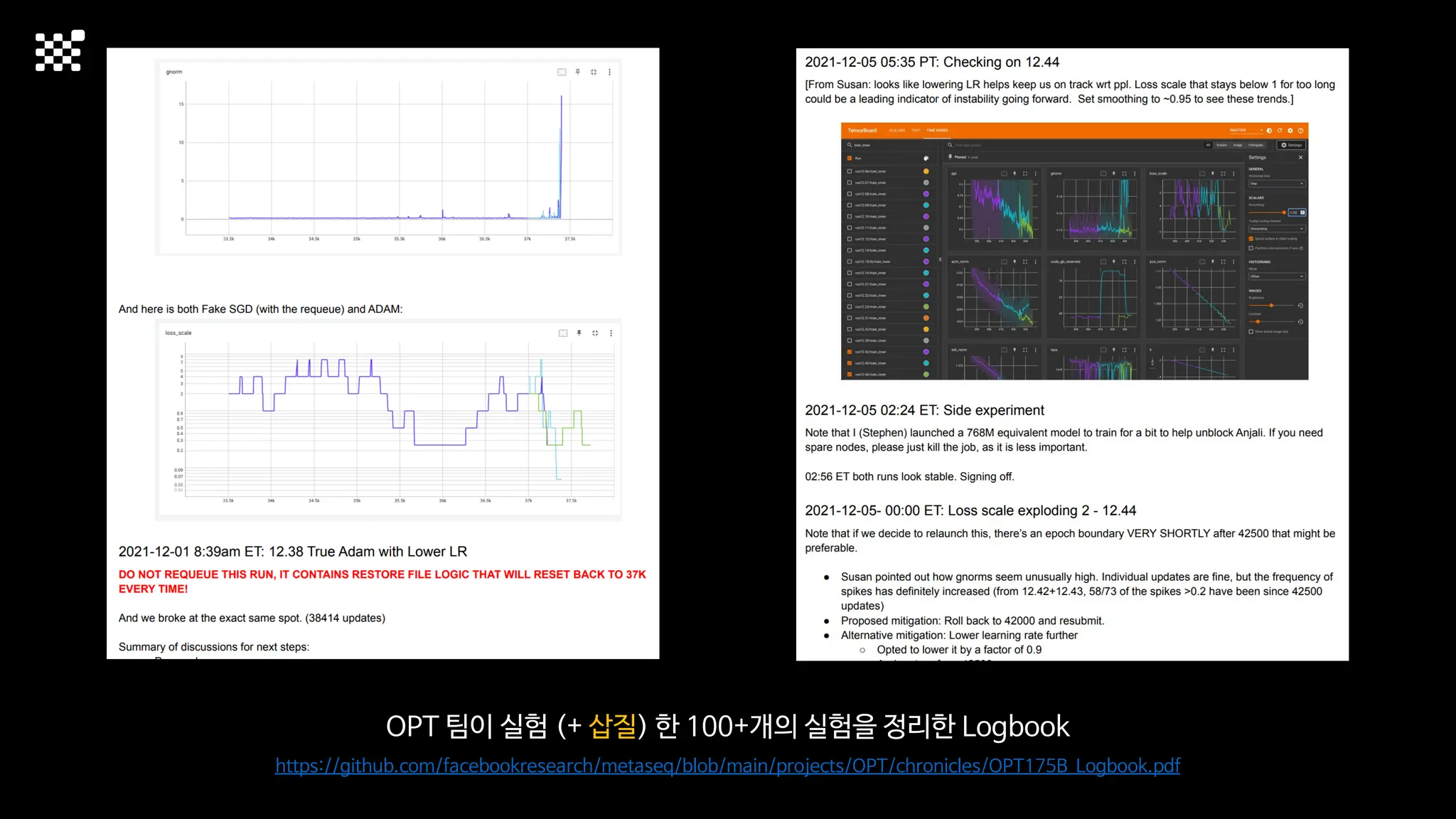 OPT 팀이 실험 (+ 삽질) 한 100+개의 실험을 정리한 Logbook
https://github.com/facebookresearch/metaseq/blob/main/projects/OPT/chronicles/OPT175B_Logbook.pdf
 