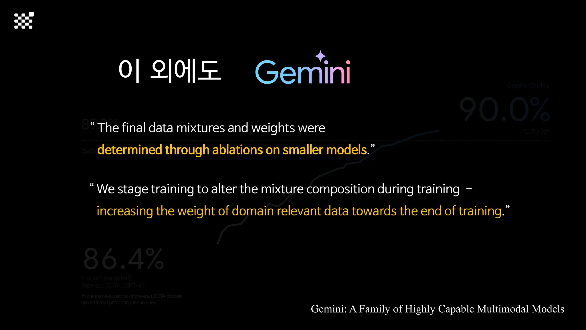 이 외에도
“ The final data mixtures and weights were
determined through ablations on smaller models.”
“ We stage training to alter the mixture composition during training -
increasing the weight of domain relevant data towards the end of training.”
Gemini: A Family of Highly Capable Multimodal Models
 