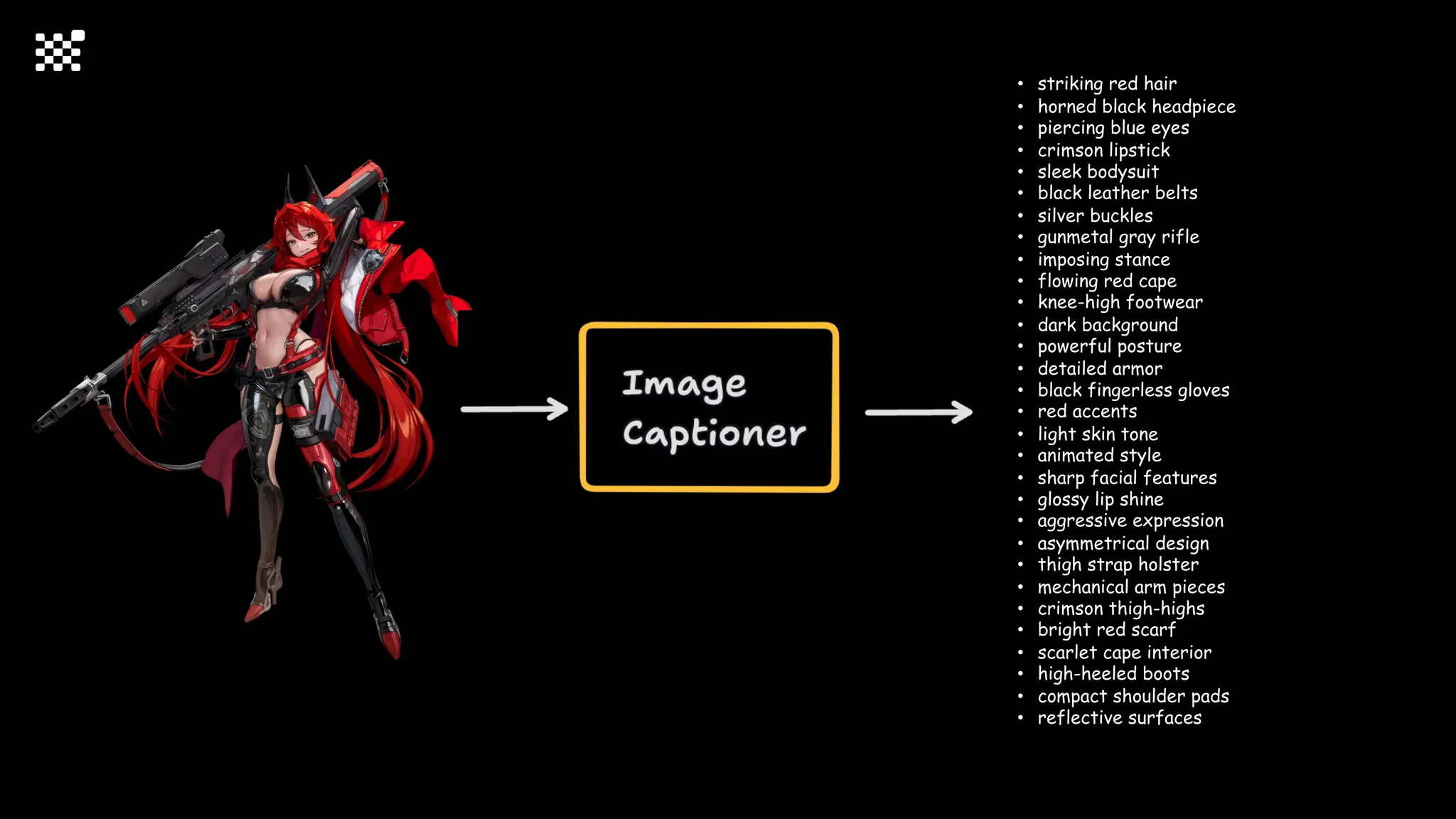 • striking red hair
• horned black headpiece
• piercing blue eyes
• crimson lipstick
• sleek bodysuit
• black leather belts
• silver buckles
• gunmetal gray rifle
• imposing stance
• flowing red cape
• knee-high footwear
• dark background
• powerful posture
• detailed armor
• black fingerless gloves
• red accents
• light skin tone
• animated style
• sharp facial features
• glossy lip shine
• aggressive expression
• asymmetrical design
• thigh strap holster
• mechanical arm pieces
• crimson thigh-highs
• bright red scarf
• scarlet cape interior
• high-heeled boots
• compact shoulder pads
• reflective surfaces
 