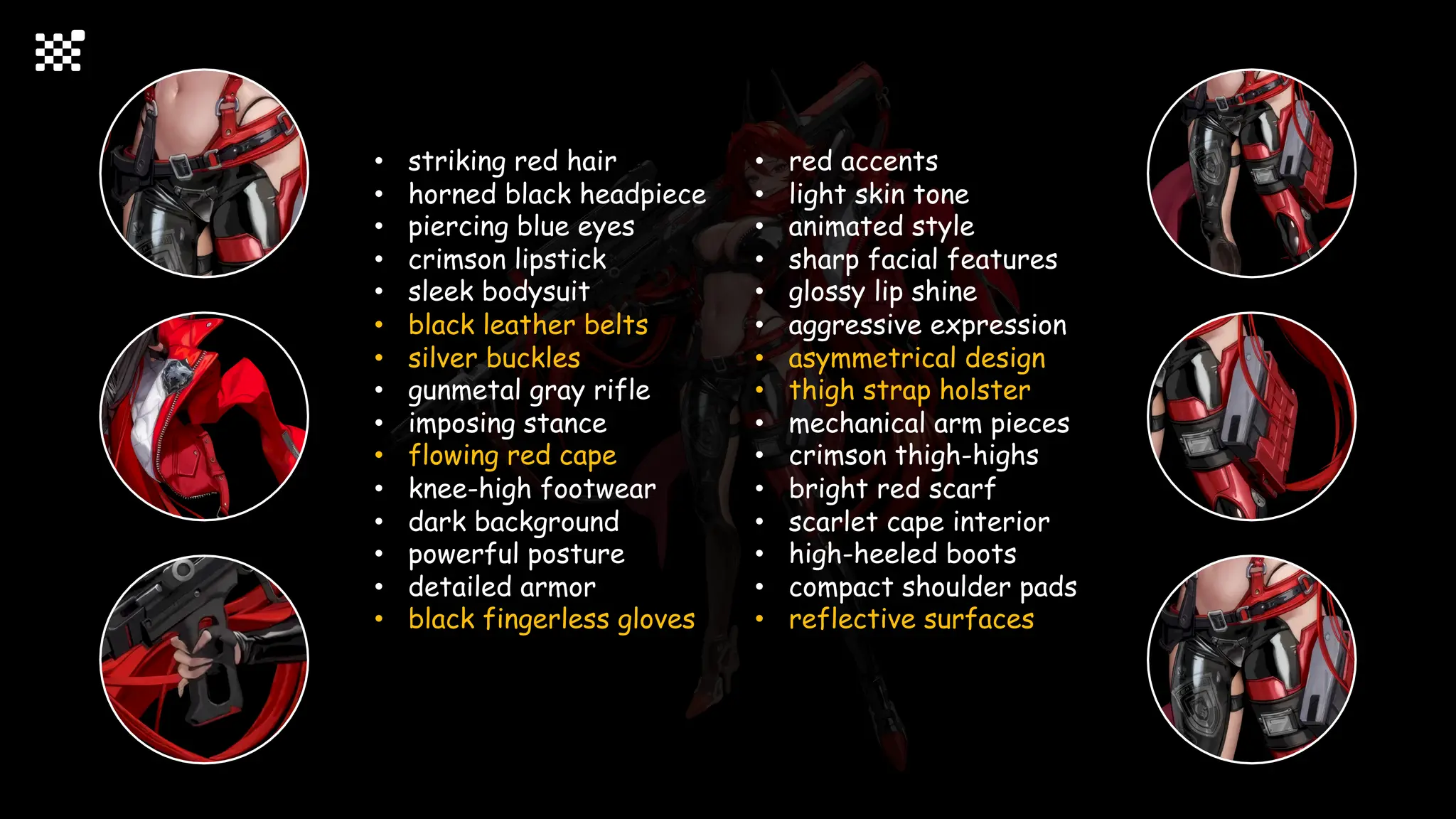 • striking red hair
• horned black headpiece
• piercing blue eyes
• crimson lipstick
• sleek bodysuit
• black leather belts
• silver buckles
• gunmetal gray rifle
• imposing stance
• flowing red cape
• knee-high footwear
• dark background
• powerful posture
• detailed armor
• black fingerless gloves
• red accents
• light skin tone
• animated style
• sharp facial features
• glossy lip shine
• aggressive expression
• asymmetrical design
• thigh strap holster
• mechanical arm pieces
• crimson thigh-highs
• bright red scarf
• scarlet cape interior
• high-heeled boots
• compact shoulder pads
• reflective surfaces
 