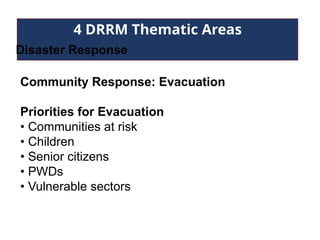 4 DRRM Thematic Areas
Disaster Response
Community Response: Evacuation
Priorities for Evacuation
• Communities at risk
• Children
• Senior citizens
• PWDs
• Vulnerable sectors
 