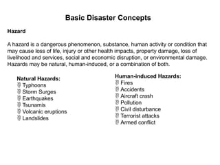 Basic Disaster Concepts
Hazard
A hazard is a dangerous phenomenon, substance, human activity or condition that
may cause loss of life, injury or other health impacts, property damage, loss of
livelihood and services, social and economic disruption, or environmental damage.
Hazards may be natural, human-induced, or a combination of both.
Natural Hazards:
 Typhoons
 Storm Surges
 Earthquakes
 Tsunamis
 Volcanic eruptions
 Landslides
Human-induced Hazards:
 Fires
 Accidents
 Aircraft crash
 Pollution
 Civil disturbance
 Terrorist attacks
 Armed conflict
 
