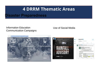 4 DRRM Thematic Areas
Disaster Preparedness
Information Education
Communication Campaigns
Use of Social Media
 