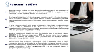 Участь у розробці проекту постанови Уряду щодо внесення змін до постанови КМУ від
27.11.2019 № 980 (пільгове кредитування ВПО, учасників АТО/ООС на придбання житла)
(постанова КМУ про відповідні зміни від 12.07.2024 № 813)
Участь у підготовці проєктної пропозиції щодо ініціювання проєкту «Житлові приміщення
для ВПО» в рамках співпраці з БРРЄ (листом від 22.07.2024 БРРЄ повідомив про підтримку
започаткування зазначеного проєкту. Наприкінці грудня Кредитна заявка офіційно подана
до БРРЄ)
Нормативна робота
Удосконалення ряду внутрішніх нормативних актів та прийняття нових з метою
приведення діяльності у відповідність до Європейських стандартів, зокрема: Політики
екологічної та соціальної відповідальності; Процедури оцінки екологічних і соціальних
ризиків; Колективного договору Держмолодьжитла в частині гендерної рівності та
дискримінаційної політики тощо
Участь у роботі Робочої групи щодо напрацювання пропозицій по удосконаленню
постанови КМУ від 29.04.2022 № 495 «Деякі заходи з формування фондів житла,
призначеного для тимчасового проживання внутрішньо переміщених осіб» (постанова
КМУ про відповідні зміни від 26.11.2024 № 1350)
Участь у напрацюванні проектів постанов про внесення змін до постанови КМУ від
28.04.2021 № 451 (пільгове кредитування ВПО за рахунок коштів гранту, наданих
Кредитною установою для відбудови (KfW)» (постанови КМУ про відповідні зміни від
26.01.2024 № 90, від 02.07.2024 № 771)
 