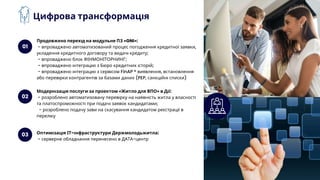 01
02
07
03
Цифрова трансформація
Продовжено перехід на модульне ПЗ «GNI»:
- впроваджено автоматизований процес погодження кредитної заявки,
укладення кредитного договору та видачі кредиту;
- впроваджено блок ФІНМОНІТОРНИНГ;
- впроваджено інтеграцію з Бюро кредитних історій;
- впроваджено інтеграцію з сервісом FinAP ® виявлення, встановлення
або перевірки контрагентів за базами даних (PEP, санкційні списки)
Модернізація послуги за проектом «Житло для ВПО» в Дії:
- розроблено автоматизовану перевірку на наявність житла у власності
та платоспроможності при подачі заявок кандидатами;
- розроблено подачу зави на скасування кандидатом реєстрації в
переліку
Оптимізація ІТ-інфраструктури Держмолодьжитла:
- серверне обладнання перенесено в ДАТА-центр
 
