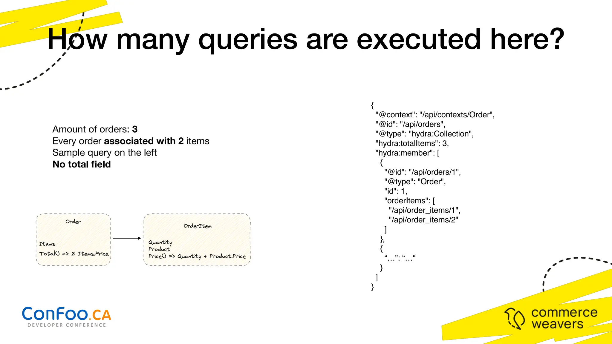 How many queries are executed here?
{
"@context": "/api/contexts/Order",
"@id": "/api/orders",
"@type": "hydra:Collection",
"hydra:totalItems": 3,
"hydra:member": [
{
"@id": "/api/orders/1",
"@type": "Order",
"id": 1,
"orderItems": [
"/api/order_items/1",
"/api/order_items/2"
]
},
{
“…”: “…“
}
]
}
Amount of orders: 3
Every order associated with 2 items
Sample query on the left
No total
fi
eld
 
