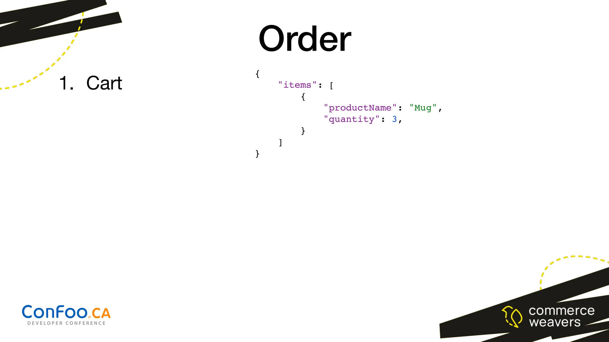 Order
{
"items": [
{
"productName": "Mug",
"quantity": 3,
}
]
}
1. Cart
 