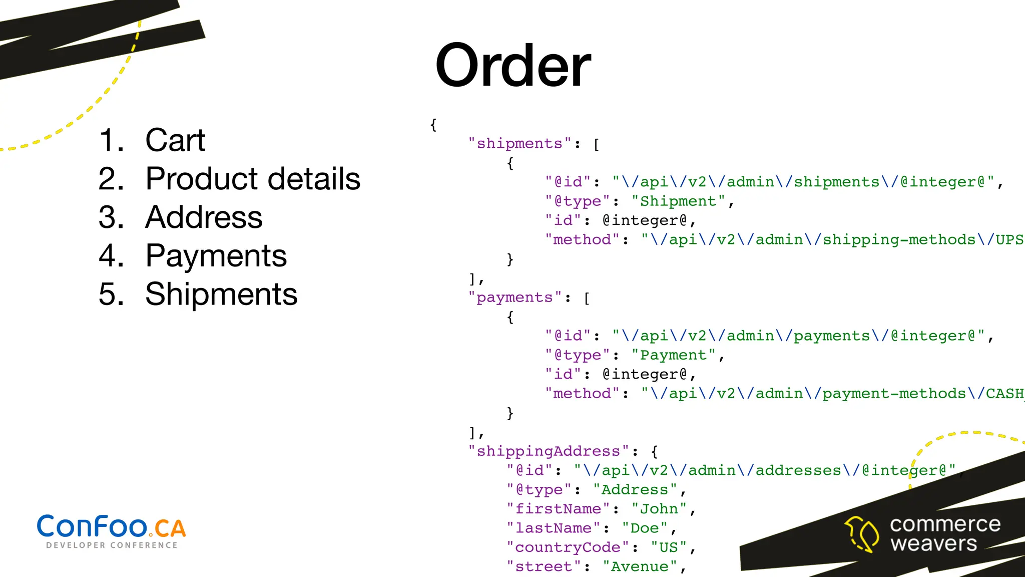 {
"shipments": [
{
"@id": "/api/v2/admin/shipments/@integer@",
"@type": "Shipment",
"id": @integer@,
"method": "/api/v2/admin/shipping-methods/UPS"
}
],
"payments": [
{
"@id": "/api/v2/admin/payments/@integer@",
"@type": "Payment",
"id": @integer@,
"method": "/api/v2/admin/payment-methods/CASH_
}
],
"shippingAddress": {
"@id": "/api/v2/admin/addresses/@integer@",
"@type": "Address",
"firstName": "John",
"lastName": "Doe",
"countryCode": "US",
"street": "Avenue",
Order
1. Cart
2. Product details
3. Address
4. Payments
5. Shipments
 