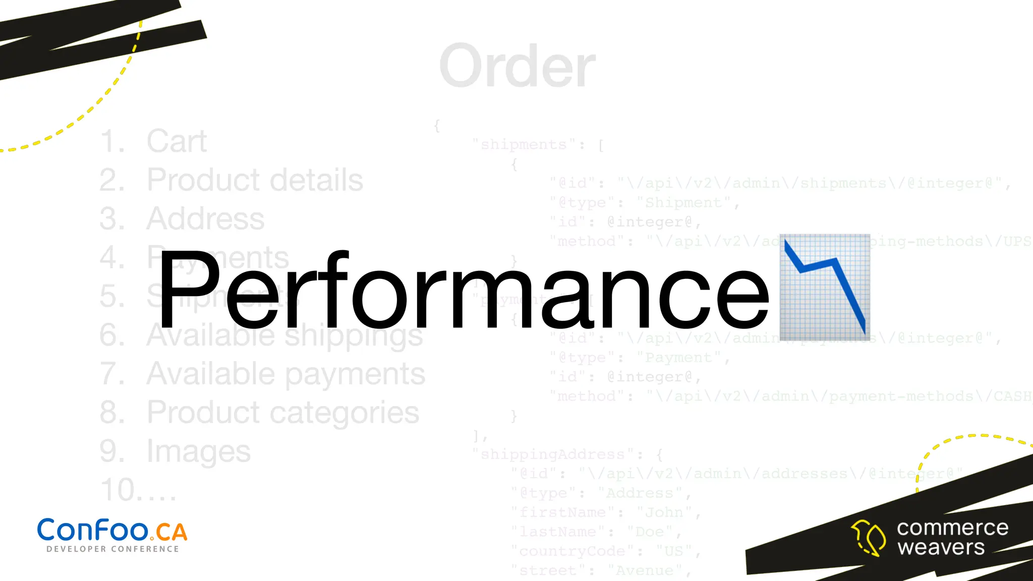 {
"shipments": [
{
"@id": "/api/v2/admin/shipments/@integer@",
"@type": "Shipment",
"id": @integer@,
"method": "/api/v2/admin/shipping-methods/UPS"
}
],
"payments": [
{
"@id": "/api/v2/admin/payments/@integer@",
"@type": "Payment",
"id": @integer@,
"method": "/api/v2/admin/payment-methods/CASH_
}
],
"shippingAddress": {
"@id": "/api/v2/admin/addresses/@integer@",
"@type": "Address",
"firstName": "John",
"lastName": "Doe",
"countryCode": "US",
"street": "Avenue",
1. Cart
2. Product details
3. Address
4. Payments
5. Shipments
6. Available shippings
7. Available payments
8. Product categories
9. Images
10.…
Performance📉
Order
 