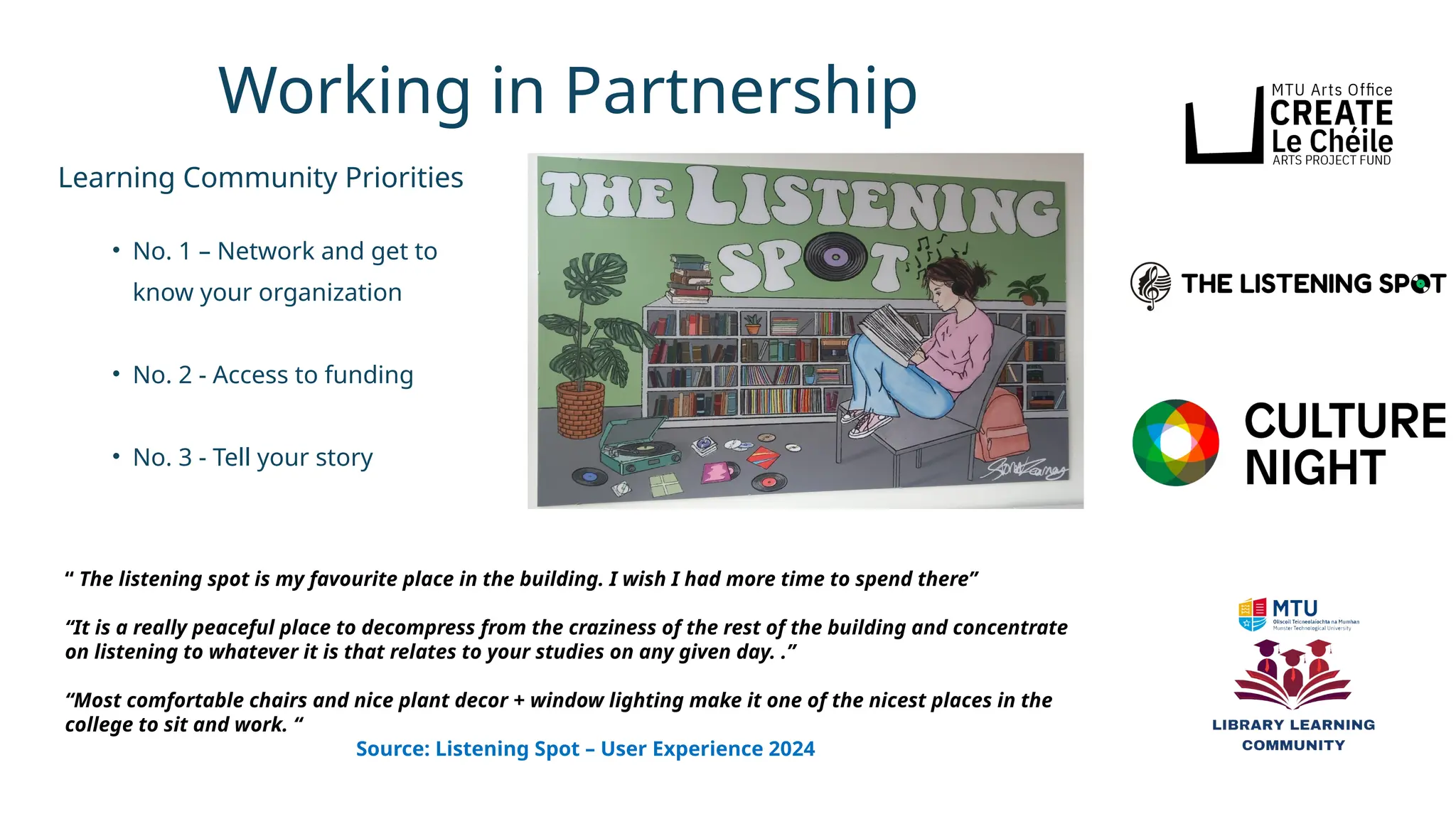 Working in Partnership
Learning Community Priorities
• No. 1 – Network and get to
know your organization
• No. 2 - Access to funding
• No. 3 - Tell your story
“ The listening spot is my favourite place in the building. I wish I had more time to spend there”
“It is a really peaceful place to decompress from the craziness of the rest of the building and concentrate
on listening to whatever it is that relates to your studies on any given day. .”
“Most comfortable chairs and nice plant decor + window lighting make it one of the nicest places in the
college to sit and work. “
Source: Listening Spot – User Experience 2024
 