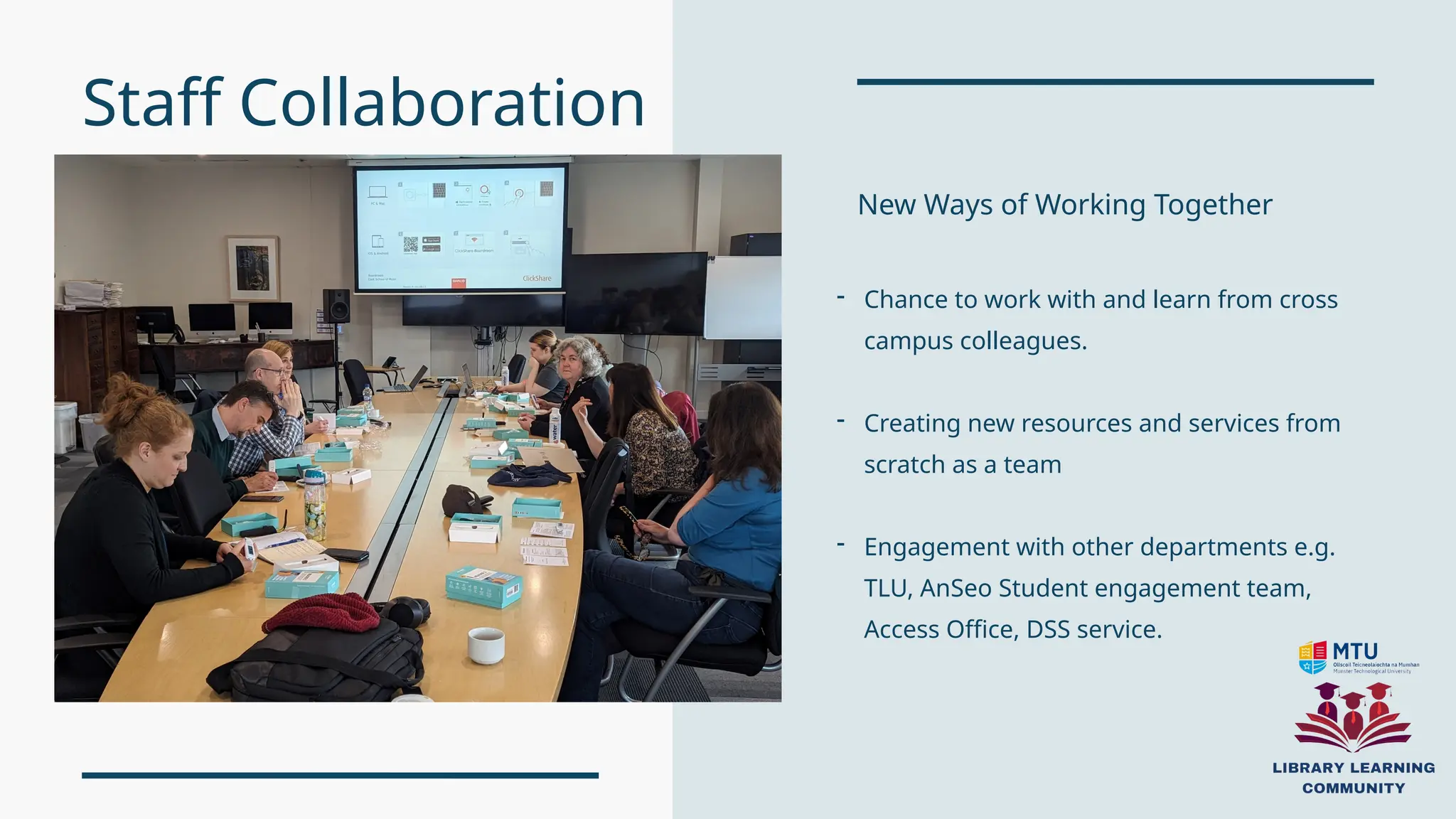 Staff Collaboration
- Chance to work with and learn from cross
campus colleagues.
- Creating new resources and services from
scratch as a team
- Engagement with other departments e.g.
TLU, AnSeo Student engagement team,
Access Office, DSS service.
New Ways of Working Together
 