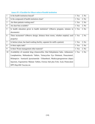 (14)
Annex IV:-Checklist for Observation of health institution
1 Is the health institution fenced? 1. Yes 2. No
2 Is the compound of health institution clean? 1. Yes 2. No
3 Are there patients waiting area? 1. Yes 2. No
4 Are dust bins available? 1. Yes 2. No
5 Is health education given in health institution? (Observe program, minutes in
documents)
1. Yes 2. No
6 There incinerator? (Observe design, distance from rooms, whether emptied, used
properly)
1. Yes 2. No
7 Is latrine (clean, has hand washing facility, separate for staffs a patient) 1. Yes 2. No
8 Is there septic tank? 1. Yes 2. No
9 Is there Waste management other material? 1. Yes 2. No
10 Availability of essential drug (Amoxicillin, Oral Rehydration Salts, Arthemisin/
Lumphantrine, Mebendazole Tablets, Tetracycline Eye Ointment, Paracetamol,
Rifampicin / Isoniazid /pyrazinamide / Ethambutol, Medroxyprogesterone (depo)
Injection, Ergometrine Maleate Tablets, Ferrous Salt plus Folic Acid, Pentavalent
DPT-Hep-Hib Vaccine etc
1. Yes 2. No
 
