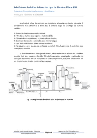 Relatório dos Trabalhos Práticos das Ligas de Alumínio 2024 e 6082
Tratamento Térmico de Envelhecimento e Solubilização
Técnico/a de Tratamento de Metais 004



       A refinaria é a fase do processo que transforma a bauxita em alumina calcinada. O
procedimento mais utilizado é o Bayer. Esta é primeira etapa até se chegar ao alumínio
metálico.

1) Dissolução da alumina em soda cáustica;
2) Filtração da alumina para separar o material sólido;
3) O filtrado é concentrado para a cristalização da alumina;
4) Os cristais são secados e calcinados para eliminar a água;
5) O pó branco de alumina pura é enviado à redução;
6) Na redução, ocorre o processo conhecido como Hall-Héroult, por meio da eletrólise, para
obtenção do alumínio.

       As principais fases da produção de alumina, desde a entrada do minério até a saída do
produto final são: moagem, digestão, filtração/evaporação, precipitação e calcinação. As
operações de alumina têm um fluxograma de certa complexidade, que pode ser resumido em
um circuito básico simples, conforme figura abaixo.




                   Fig. 2 Fluxograma das difirentes fases da produção de alumina




Relatório elaborado por Mariana Vaquinhas                    Revisto por Engª Maria Ferreira
                                            Página 4
             msofiagv@hotmail.com                                ml.ferreira@netcabo.pt
 