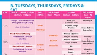 B. TUESDAYS, THURSDAYS, FRIDAYS &
SAT.
MTH TUESDAYS - BIBLE STUDIES
(6:30pm – 7:30pm)
WED.
ZONES
THURSDAYS
(9am - 11am)
FRIDAYS
(6:30pm – 7:30pm)
SATURDAYS
(8am – 12
noon)
OCT.
Living A Christ-Centered Life
Through Sharing & Giving
(Evg. D. K. Boakye)
ZONAL
MEETINGS
6:30pm
-
7:30pm
MORNING
PRAYER
SESSIONS
Bible Quiz
(Children’s Min)
Clean-Up &
Prayers & Songs
Practice House-To-House
Evangelism
S.P.
Men & Women’s Meeting Prayers & Sermon
NOV.
The Sabbath & Christian
Worship
(Evg. S. Y. Oduro)
Prayers & Fasting Clean-Up
&
House-To-House
Evangelism
Prayers & Sermon
Songs Practice
Men & Women’s Meeting S.P.
The Sabbath & Christian
Worship
Prayers Clean-Up
&
House-To-House
Prayers
 
