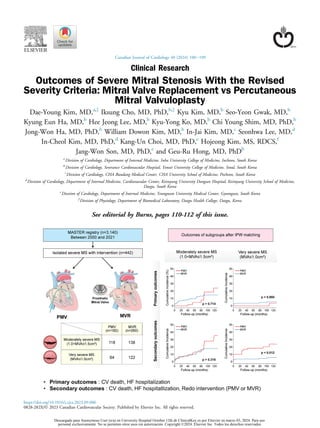 Clinical Research
Outcomes of Severe Mitral Stenosis With the Revised
Severity Criteria: Mitral Valve Replacement vs Percutaneous
Mitral Valvuloplasty
Dae-Young Kim, MD,a,z
Iksung Cho, MD, PhD,b,z
Kyu Kim, MD,b
Seo-Yeon Gwak, MD,b
Kyung Eun Ha, MD,b
Hee Jeong Lee, MD,b
Kyu-Yong Ko, MD,b
Chi Young Shim, MD, PhD,b
Jong-Won Ha, MD, PhD,b
William Dowon Kim, MD,b
In-Jai Kim, MD,c
Seonhwa Lee, MD,d
In-Cheol Kim, MD, PhD,d
Kang-Un Choi, MD, PhD,e
Hojeong Kim, MS, RDCS,f
Jang-Won Son, MD, PhD,e
and Geu-Ru Hong, MD, PhDb
a
Division of Cardiology, Department of Internal Medicine, Inha University College of Medicine, Incheon, South Korea
b
Division of Cardiology, Severance Cardiovascular Hospital, Yonsei University College of Medicine, Seoul, South Korea
c
Division of Cardiology, CHA Bundang Medical Center, CHA University School of Medicine, Pocheon, South Korea
d
Division of Cardiology, Department of Internal Medicine, Cardiovascular Center, Keimyung University Dongsan Hospital, Keimyung University School of Medicine,
Daegu, South Korea
e
Division of Cardiology, Department of Internal Medicine, Yeungnam University Medical Center, Gyeongsan, South Korea
f
Division of Physiology, Department of Biomedical Laboratory, Daegu Health College, Daegu, Korea
See editorial by Burns, pages 110-112 of this issue.
Canadian Journal of Cardiology 40 (2024) 100e109
https://doi.org/10.1016/j.cjca.2023.09.006
0828-282X/Ó 2023 Canadian Cardiovascular Society. Published by Elsevier Inc. All rights reserved.
Descargado para Anonymous User (n/a) en University Hospital October 12th de ClinicalKey.es por Elsevier en marzo 03, 2024. Para uso
personal exclusivamente. No se permiten otros usos sin autorización. Copyright ©2024. Elsevier Inc. Todos los derechos reservados.
 