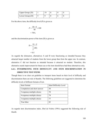 139
Upper Group (20) 1 19 0 0 0
Lower Group (20) 5 9 0 6 0
For the above item, the difficulty level (P) is given as
= 70%
and the discrimination power of the item (D) is given as
= 0.5
As regards the distracters, alternatives A and D were functioning as intended because they
attracted larger number of students from the lower group than from the upper one. In contrast,
alternative C did not function as intended because it attracted no student. Therefore, this
alternative needs improvement for future use or the item should have had three alternatives only.
6.4.1. INTERPRETING ITEM DIFFICULTY AND ITEM DISCRIMINATION IN
OBJECTIVE TEST ITEMS
Though there is no clear cut guideline to interpret items based on their level of difficulty and
discrimination there are rule of thumbs. The following guidelines are suggested to determine the
difficulty levels of different formats of test.
Item Format Ideal Difficulty Level
Completion and short answer 50
5 response multiple choice 70
4 response multiple choice 74
3 response multiple choice 77
True false 85
As regards item discrimination index, Ebel & Frisbie (1991) suggested the following rule of
thumb.
100
40
8
20



P
)
40
(
2
1
9
19
D


 
