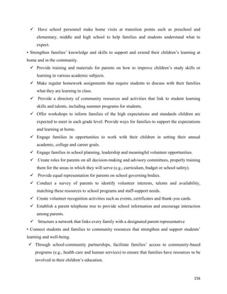 156
 Have school personnel make home visits at transition points such as preschool and
elementary, middle and high school to help families and students understand what to
expect.
• Strengthen families’ knowledge and skills to support and extend their children’s learning at
home and in the community.
 Provide training and materials for parents on how to improve children’s study skills or
learning in various academic subjects.
 Make regular homework assignments that require students to discuss with their families
what they are learning in class.
 Provide a directory of community resources and activities that link to student learning
skills and talents, including summer programs for students.
 Offer workshops to inform families of the high expectations and standards children are
expected to meet in each grade level. Provide ways for families to support the expectations
and learning at home.
 Engage families in opportunities to work with their children in setting their annual
academic, college and career goals.
 Engage families in school planning, leadership and meaningful volunteer opportunities.
 Create roles for parents on all decision-making and advisory committees, properly training
them for the areas in which they will serve (e.g., curriculum, budget or school safety).
 Provide equal representation for parents on school governing bodies.
 Conduct a survey of parents to identify volunteer interests, talents and availability,
matching these resources to school programs and staff-support needs.
 Create volunteer recognition activities such as events, certificates and thank-you cards.
 Establish a parent telephone tree to provide school information and encourage interaction
among parents.
 Structure a network that links every family with a designated parent representative
• Connect students and families to community resources that strengthen and support students’
learning and well-being.
 Through school-community partnerships, facilitate families’ access to community-based
programs (e.g., health care and human services) to ensure that families have resources to be
involved in their children’s education.
 