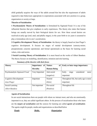 212
child gradually acquires the ways of the adults around him but also the requirement of adults
required to take behaviours appropriate to expectations associated with new position in a group,
organization or society at large.
Theories of Socialization
1 Psychoanalytic Theory of Socialization: is formulated by Sigmund Freud. It is one of the
influential theories that give emphasis to early experiences. The theory also states that human
beings are usually moved by their biological desire for sex. How these sexual desires are
resolved at early age (oral, anal, and phallic stages), in the years birth to six years is assumed to
play a tremendous role in one’s socialization.
2 Cognitive Development Theory of Socialization: the theory is largely based on Jean Piaget’s
cognitive development. It focuses on stages of mental development (sensory-motor,
preoperational, concrete operational, and formal operational) as the bases for learning social
values, roles and norms.
3 Social Learning Theory of Socialization: It is more based on the works of Albert Bandura.
The theory focuses on modelling, identification, imitation and role learning.
Summary of the theories with their focus
Theory Importance of
Heredity
Nature of
Human Being
Early or later stage importance
Psychoanalytic Sigmund Freud Very Important Anti-social
(negative)
Early stage considered more
important
Cognitive Development
Jean Piaget
Important Neutral
(Zero)
Throughout life, but early age is more
important
Social Learning
Albert Bandura
Not important Pro-social
(Positive)
Throughout life
Agents of Socialization
In our social interactions there are people with whom we interact most, and who are emotionally
important to us, they are called significant others. In the process of socialization those who learn
are the targets of socialization and the sources for learning are called agents of socialization.
The agents might be people, media and organizations as described below
People Media Organization
 