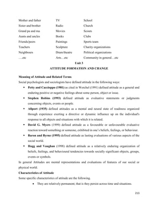213
Mother and father TV School
Sister and brother Radio Church
Grand pa and ma Movies Scouts
Aunts and uncles Books Clubs
Friends/peers Paintings Sports team
Teachers Sculpture Charity organizations
Neighbours Dram/theatre Political organizations
….etc Arts…etc Community in general…etc
Unit 3
ATTITUDE FORMATION AND CHANGE
Meaning of Attitude and Related Terms
Social psychologists and sociologists have defined attitude in the following ways:
 Petty and Caccioppo (1981) as cited in Worchel (1991) defined attitude as a general and
enduring positive or negative feelings about some person, object or issue.
 Stephen Robins (1993) defined attitude as evaluative statements or judgments
concerning objects, events or people.
 Allport (1935) defined attitudes as a mental and neural state of readiness organized
through experience exerting a directive or dynamic influence up on the individual's
response to all objects and situations with which it is related.
 David G. Myers (1999) defined attitude as a favourable or unfavourable evaluative
reaction toward something or someone, exhibited in one’s beliefs, feelings, or behaviour.
 Baron and Byrne (1995) defined attitude as lasting evaluations of various aspects of the
social world.
 Hogg and Vaughan (1998) defined attitude as a relatively enduring organization of
beliefs, feelings, and behavioural tendencies towards socially significant objects, groups,
events or symbols.
In general Attitudes are mental representations and evaluations of features of our social or
physical world.
Characteristics of Attitude
Some specific characteristics of attitude are the following.
 They are relatively permanent; that is they persist across time and situations.
 