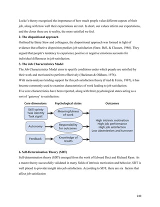 240
Locke’s theory recognized the importance of how much people value different aspects of their
job, along with how well their expectations are met. In short, our values inform our expectations,
and the closer these are to reality, the more satisfied we feel.
2. The dispositional approach
Outlined by Barry Staw and colleagues, the dispositional approach was formed in light of
evidence that affective disposition predicts job satisfaction (Staw, Bell, & Clausen, 1986). They
argued that people’s tendency to experience positive or negative emotions accounts for
individual differences in job satisfaction.
3. The Job Characteristics Model
The Job Characteristics Model aims to specify conditions under which people are satisfied by
their work and motivated to perform effectively (Hackman & Oldham, 1976).
With meta-analyses lending support for this job satisfaction theory (Fried & Ferris, 1987), it has
become commonly used to examine characteristics of work leading to job satisfaction.
Five core characteristics have been reported, along with three psychological states acting as a
sort of ‘gateway’ to satisfaction:
6. Self-Determination Theory (SDT)
Self-determination theory (SDT) emerged from the work of Edward Deci and Richard Ryan. As
a macro theory successfully validated in many fields of intrinsic motivation and behavior, SDT is
well placed to provide insight into job satisfaction. According to SDT, there are six factors that
affect job satisfaction
 